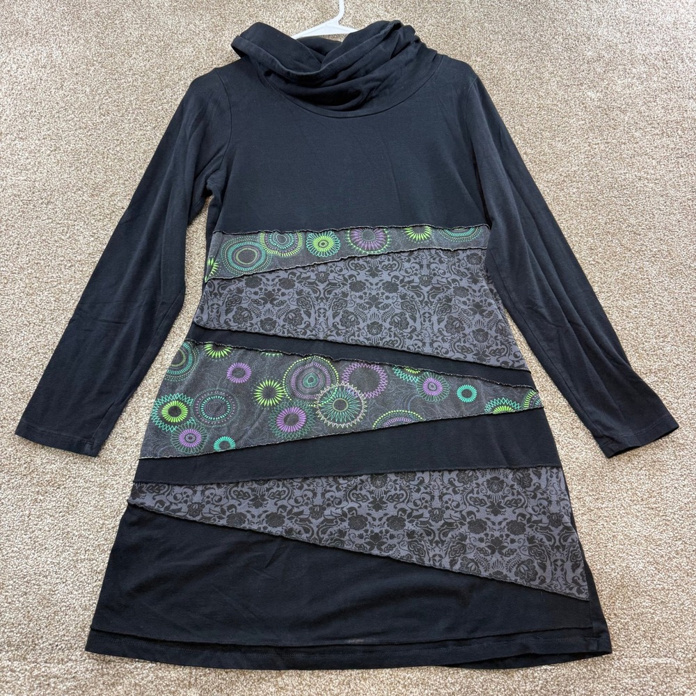 Keana Womens Large Black Patchwork Cowl Neck Tunic Dress Mandala Damask Boho Art
